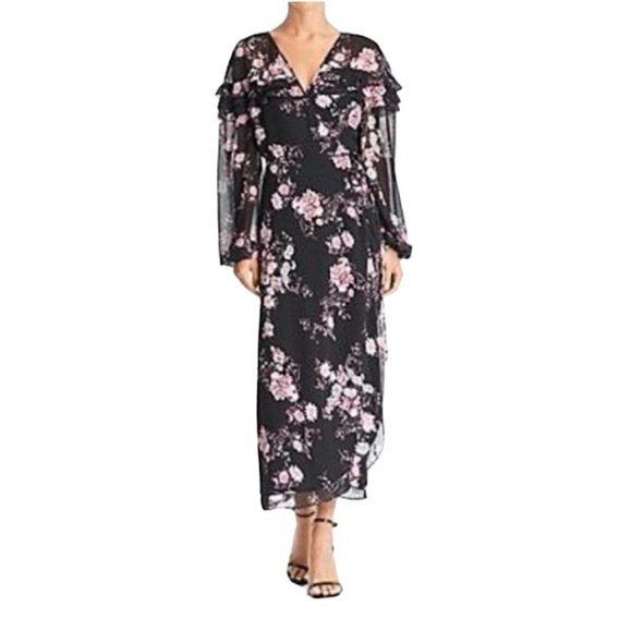 Wayf Black Floral Wrap Dress NWT Ruffle Back Sz M - Picture 1 of 13
